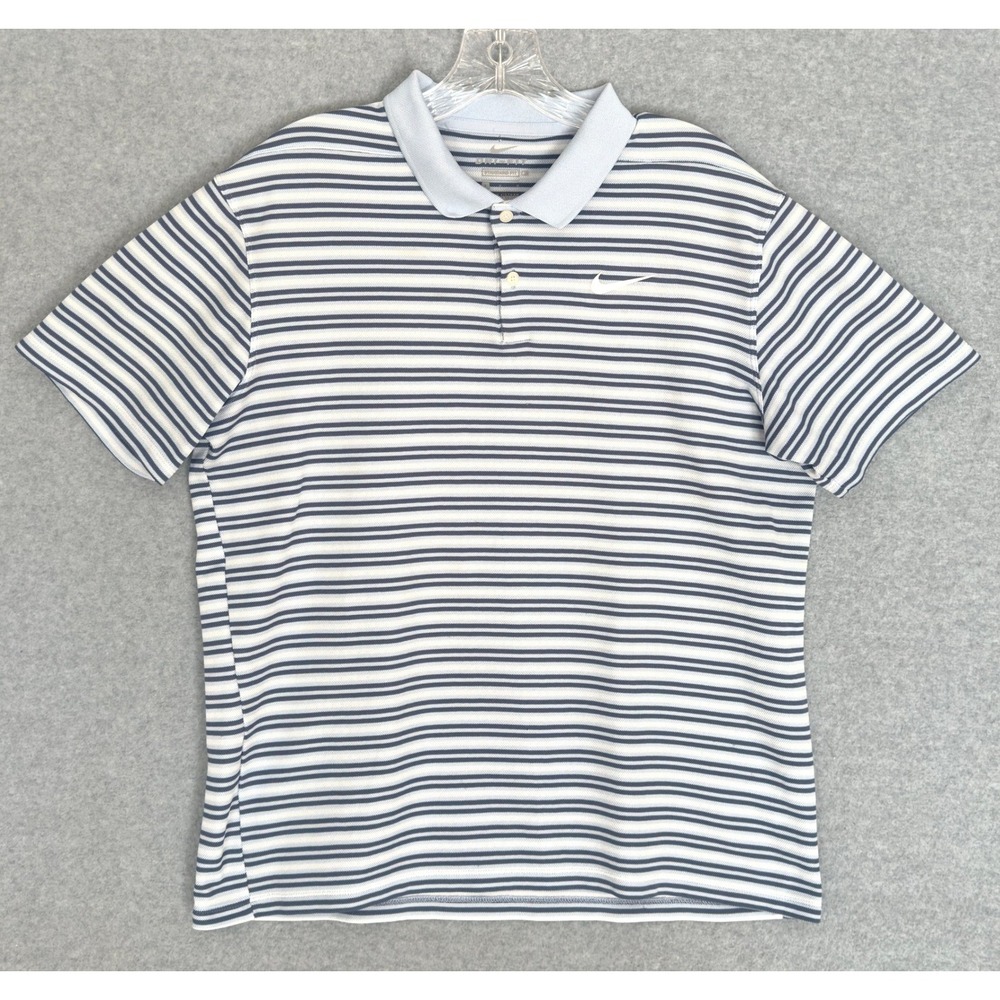 Nike Polo Shirt Mens Large Blue Striped Dri-FIT Standard Fit Short Sleeve Preppy